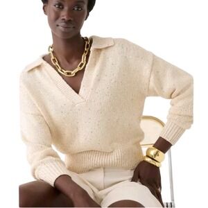 J.Crew Sequin Knit Polo Sweater Small Cream Ivory Collared V Neck Sparkle
